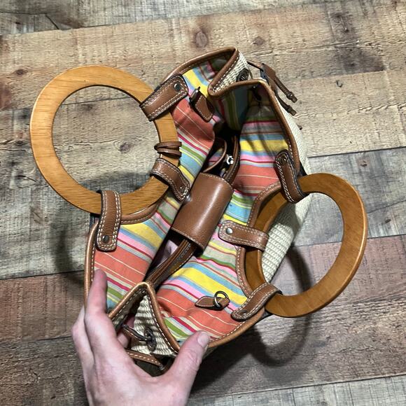 Y2K Fossil Brown Woven Straw Wooden Round Handles Satchel Purse Bag - Picture 8 of 8